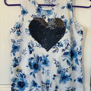 Girls' Blue Floral Sequin Heart Tank Top